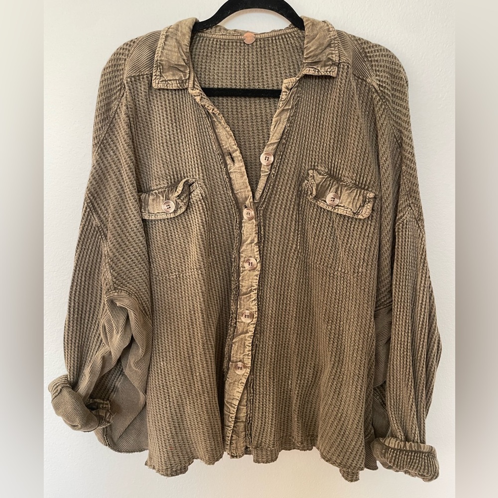 Free People Washed Olive Waffle Knit Button-Up Shirt